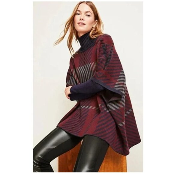 Ann Taylor Plaid Sweater Mockneck Poncho - Picture 1 of 6